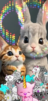 Cute cat and rabbit with colorful lights and animated designs.