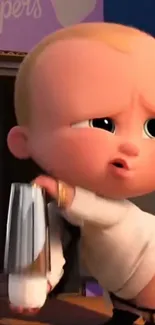 Cute animated baby boss holding a silver object.