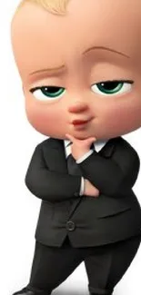 Adorable animated baby boss in black suit illustrated on mobile wallpaper.