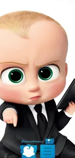 Cute animated baby in a suit with a phone on white background.