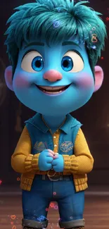 Cute blue animated character with yellow vest and jeans.