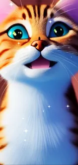 Adorable animated cat with green eyes and orange fur in a joyful pose.