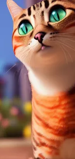 Animated cat with green eyes and orange stripes in a colorful setting.