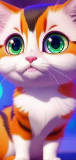 Adorable animated cat with large green eyes on a vibrant blue background.