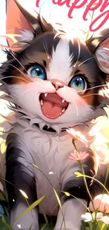 Cute animated cat with blue eyes and a happy expression in a colorful setting.