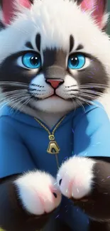 Adorable fluffy cat with blue eyes wearing a blue shirt.