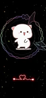 Cute animated cat with neon cosmic background.