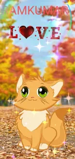 Charming animated cat in autumn leaves wallpaper.