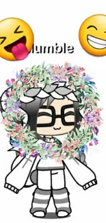 Chibi character with floral and emoji decor on white background.