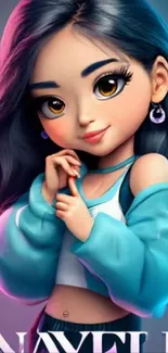 Cute animated character in blue attire with vibrant background.