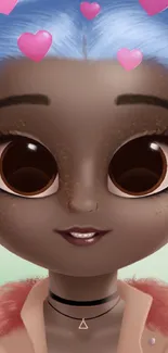 Animated doll face with big eyes and hearts on mobile wallpaper.