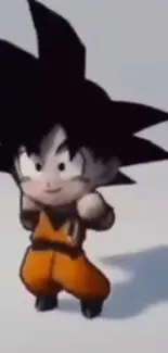 Cute animated character with spiky hair in orange outfit on a white backdrop.