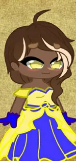 Cartoon character in a vibrant yellow and blue dress with brown hair.