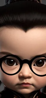 Cute animated character with black glasses, brown hair, and expressive eyes.