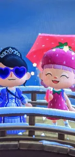 Two cute animated characters on a bridge with a colorful umbrella.