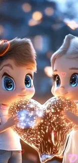 Cute animated couple holding a glowing heart.