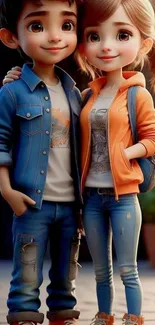 Charming animated couple in denim outfits posing happily.