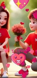 Adorable animated couple in a vibrant red and pink romantic setting.