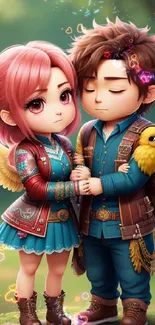 Cute animated couple with wings in a vibrant, fantasy setting for mobile wallpaper.