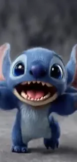 Adorable blue animated creature with big eyes and open mouth on gray background.