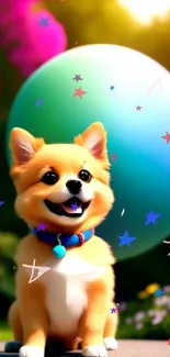 Adorable animated dog in a vibrant colorful garden scene.