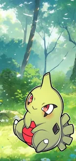 Cute animated character in a lush forest setting on mobile wallpaper.