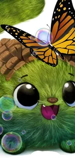 Cute green furry creature with butterfly on a vibrant phone wallpaper.