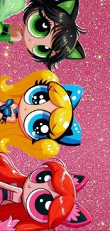 Colorful cartoon characters on glittery pink background.