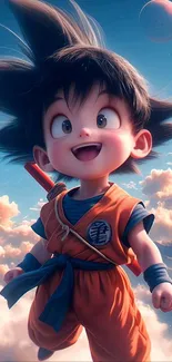 Cute animated hero in orange outfit soaring through a sky with clouds.