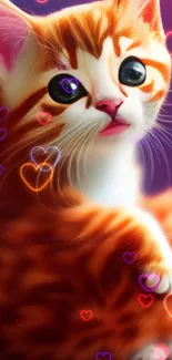 Cute animated orange kitten with neon hearts.