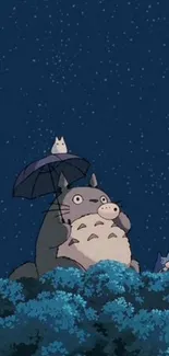 Adorable creature under umbrella in a starry night animated scene.