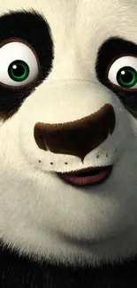 Adorable animated panda with green eyes looking directly.