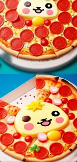 Cute animated pizza with cartoon faces and colorful toppings.