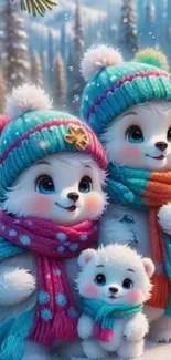 Cute cartoon polar bears in winter apparel.
