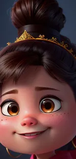 Cute animated princess with freckles and a golden tiara on a dark background.