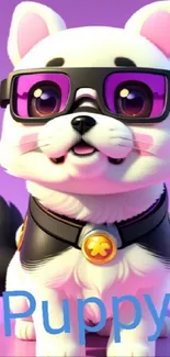 Cute animated puppy wearing glasses on a purple background.