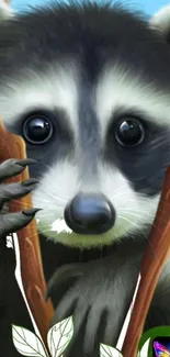 Adorable animated raccoon peeking through branches with big eyes.