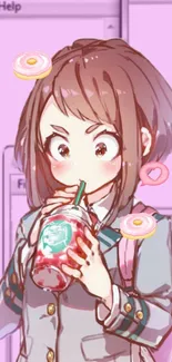 A cute anime girl sipping a drink in a pink-themed wallpaper.