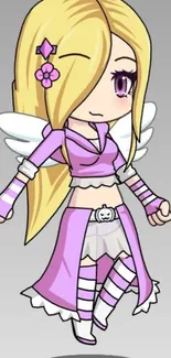 Cute anime angel girl with purple outfit and white wings on mobile wallpaper.