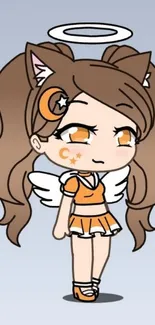 Adorable anime angel girl with brown hair and orange details on a light blue background.