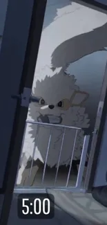Cute fluffy anime creature peeking through a door in a cozy room.