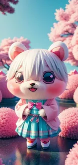 Cute anime bear in a pastel pink garden with blooming trees.