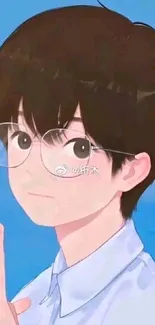 Anime boy with glasses against a blue sky.