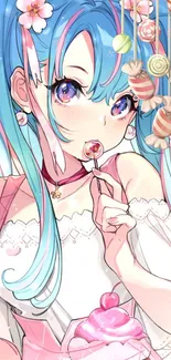 Cute anime girl with candy theme and blue hair, perfect mobile wallpaper.