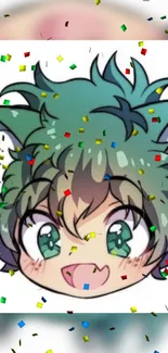 Anime cat face with confetti in vibrant colors, perfect for phone wallpaper.