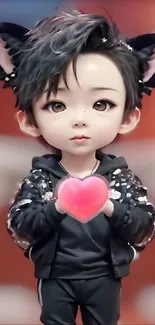 Anime boy with cat ears holding a heart.