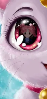 Cute anime cat with big sparkling eyes and pink highlights.