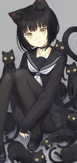 Anime girl with cat ears surrounded by black cats on a gray background.