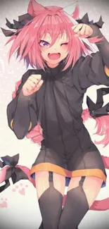 Cute anime cat girl with pink hair and ears on a vibrant wallpaper.