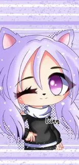 Anime cat girl with purple hair in a cute cartoon style background.